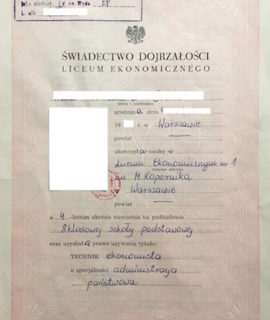 Świadectwo Dojrzałości Liceum Ekonomicznego (PRL, 1982 R.)