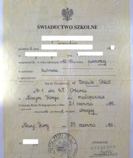 Świadectwo Szkoły Zasadniczej – 1 Klasa