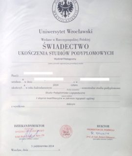 Świadectwo Ukończenia Studiów Podyplomowych – Uniwersytet Wrocławski (2014 R.)