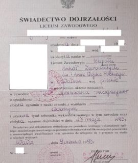 Świadectwo Dojrzałości Liceum Zawodowego (1993 R.)