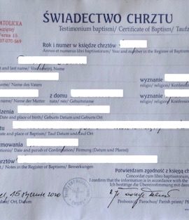 Świadectwo Chrztu (Śmigiel, 2020 R.)