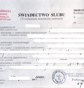 Świadectwo ślubu (Śmigiel, 2020 R.)