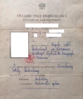 Świadectwo Dojrzałości Technikum Zawodowego (PRL, 1976 R.)