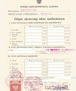 Odpis Skrócony Aktu Młażeństwa PRL (3 Pkt.)