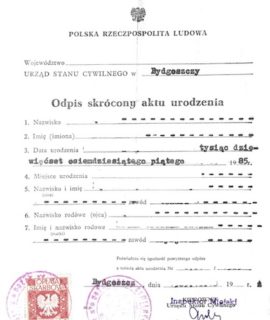 Odpis Skrócony Aktu Urodzenia (PRL, 1985 R. – 7 Pkt.)