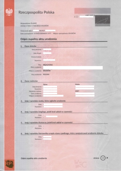 Odpis zupełny aktu urodzenia (10 pkt.)