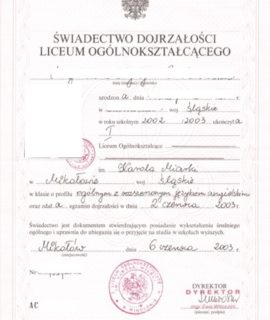 Świadectwo Dojrzałości Liceum Ogólnokształcącego