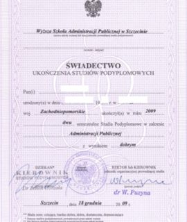 Świadectwo Ukończenia Studiów Podyplomowych – Wyższa Szkoła Administracji Publicznej W Szczecinie (2009 R.)