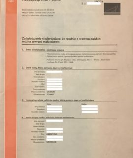 Zaświadczenie Stwierdzające, że Zgodnie Z Prawem Polskim Można Zawrzeć Małżeństwo