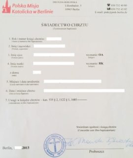 Świadectwo Chrztu – Polska Misja Katolicka (Berlin, 2013 R.)