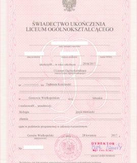 Świadectwo Ukończenia Liceum Ogólnokształcącego (2017 R.)